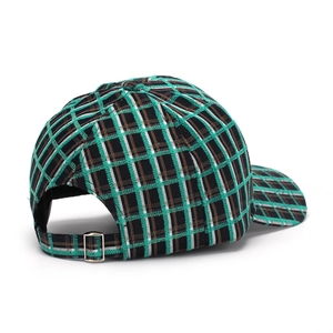 Retro green plaid baseball cap with adjustable metal buckle and textured fabric