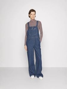Women's vintage loose denim overalls in deep blue with a classic straight leg design