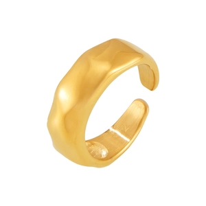 Polished 18k gold plated stainless steel chunky irregular wave open ring on white background
