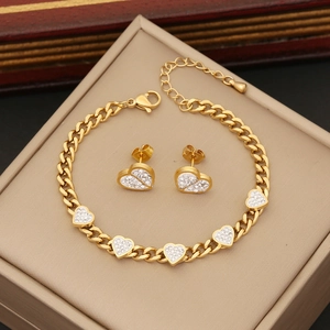 Golden Cuban chain heart jewelry set with sparkling rhinestones and matching earrings