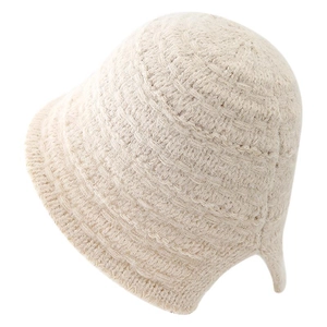 Women's warm knitted bucket hat in creamy white with thick textured weave pattern