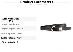 Detail view of a 1.4CM wide black PU leather belt for women with a gold round buckle