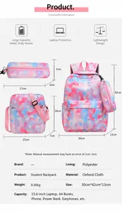 Detailed size specifications for galaxy print backpack, crossbody bag and pencil case set