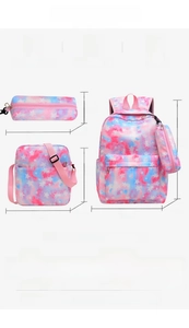 Detailed size specifications for galaxy print backpack, crossbody bag and pencil case set