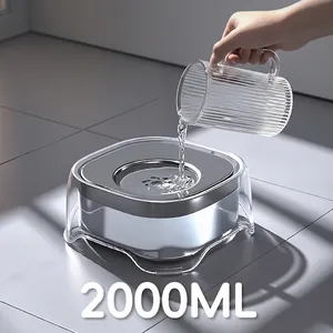 2000ml stainless steel floating pet water bowl with transparent anti-splash base