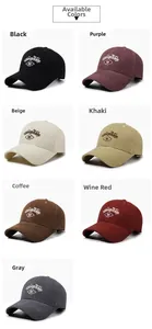 Detailed grid view of cotton baseball caps in seven colors with embroidered logos