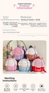 Detailed chart showing 3D cupcake toddler backpacks in five bright colors and dimensions