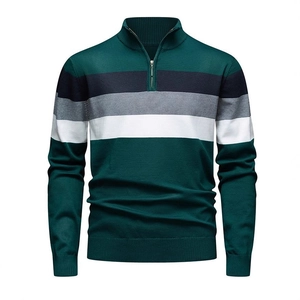 Men's slim fit stand collar knitted sweater with navy, green and grey striped patterns