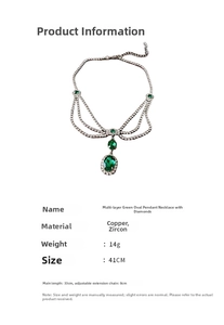 Detail of multi-layer silver chain necklace with green zircon oval pendants and dimensions