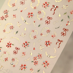 New Chinese cinnabar red flower and gold bow nail art stickers with small rhinestones