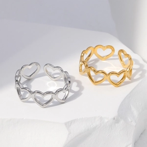 Minimalist stainless steel open rings with heart cutout design in gold and silver