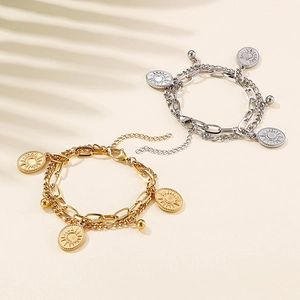 Double-layer stainless steel bracelet with sun pendant and beads in gold and silver finish