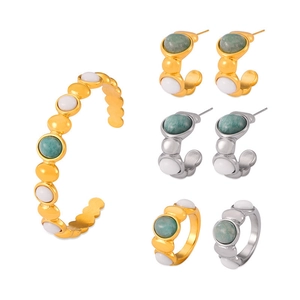 Geometric stainless steel jewelry set with green and white inlaid stones on white base