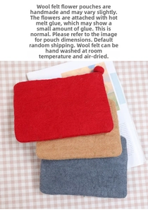 Detail of handmade wool felt coin purses in red, brown, and grey with soft fiber texture