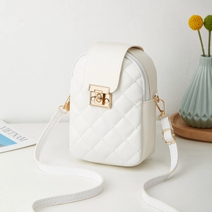 White quilted crossbody phone bag with gold twist lock and adjustable shoulder strap