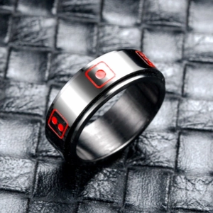 Titanium steel spinner ring for men featuring a red dice pattern for stress relief