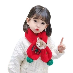 Plush red Christmas scarf for kids featuring cute reindeer decorations and festive bells
