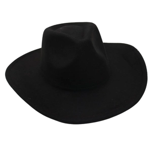 Detailed view of black wide-brimmed felt fedora hat showing top dent and texture