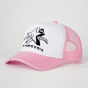 Pink and white trucker hat featuring a bear on a star print with mesh back design
