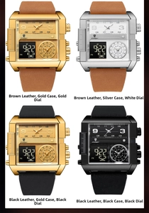 Macro shot of multifunctional square watches with leather straps and dual time display