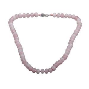 Pink translucent natural stone beaded necklace with knotted string and metal clasp