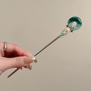 Pic À Cheveux Chinois Vintage Alliage Faux Jade Pingan Kou Pendentif Épingle À Cheveux Élégante Accessoires Femme