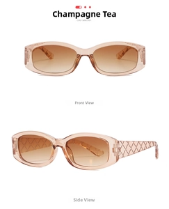 Detailed views of champagne tea oval sunglasses with quilted lattice texture on the temples