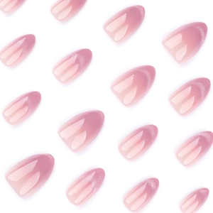 Sparkling pink purple cat eye ombre almond press-on nails with silver glitter accents