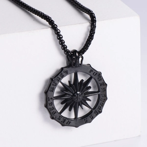Hip hop black stainless steel sun god compass pendant necklace with gothic engraving