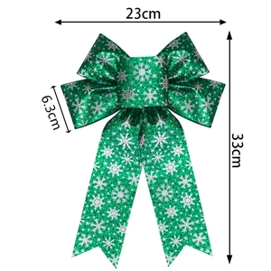 Detailed size chart for the 23cm green glitter Christmas bow with silver snowflake patterns