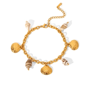 Golden stainless steel chain bracelet with natural seashell and metal scallop charms