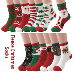 Christmas Coral Fleece Thickened Warm Floor Socks Soft Fuzzy Festive Winter Crew Socks With Santa Reindeer Snowman Patterns