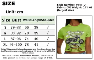 Size chart for women's slim fit cropped T-shirt with CVC fabric details and measurements