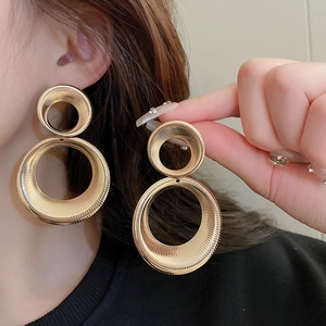 Chic gold geometric double circle drop earrings with a brushed metal finish for women