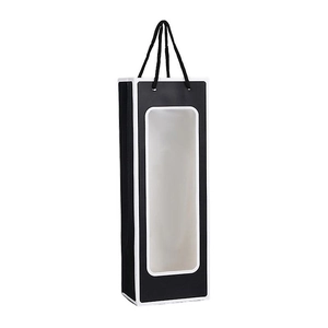 Minimalist black wine gift bag with clear window and handles for single bottle packaging