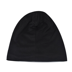 Detail of pure black knit cotton beanie showing the warm fabric texture and plain weave