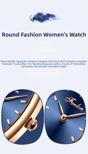 Close-up of Frenlon watch featuring a rose gold case and blue sunray dial texture