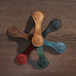 Detailed overhead view of five colorful genuine crazy horse leather cord organizers