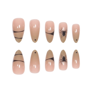 Halloween spider press-on nails with black almond shape and nude pink base 10pcs set