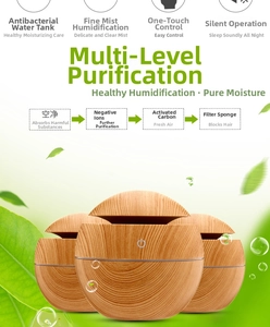 Detail view of wood grain humidifier with antibacterial tank and silent ultrasonic mist