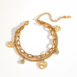 Bracciale a doppio strato in acciaio inossidabile placcato oro 18K con cuori e zirconi