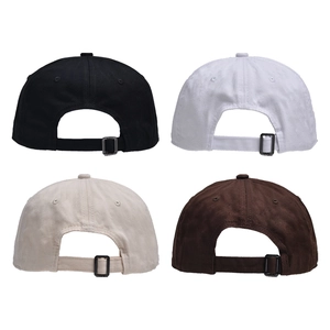 Adjustable solid color short brim baseball caps in black, white, beige, and brown