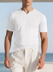 Close-up of white slim fit men's Henley V-neck t-shirt in stretchy summer fabric