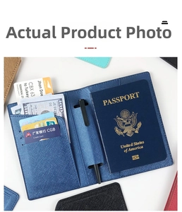 Detailed interior of navy cross-grain PU leather passport holder with pen loop and card slots
