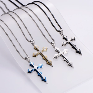 Polished stainless steel cross pendant necklaces in blue, gold, silver and black finishes