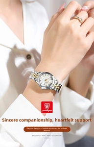 Close-up of elegant women's two-tone steel watch with Roman numerals and date display