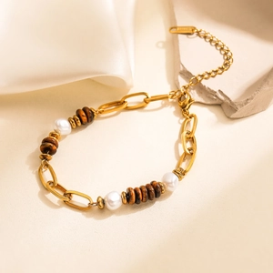 18K gold plated stainless steel bead bracelet with pearls and wood accents on white silk