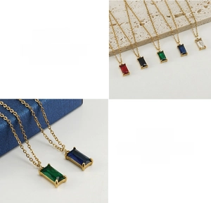 Detailed close-up of 18K gold plated titanium necklaces with colorful square zircon stones