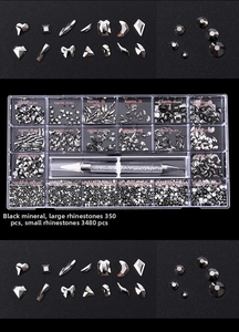 Detail view of 21-grid mineral black nail art rhinestones set with dual-ended wax pen