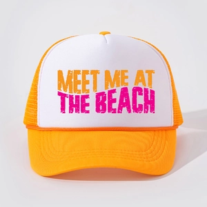 Orange and white mesh trucker hat with MEET ME AT THE BEACH print for summer